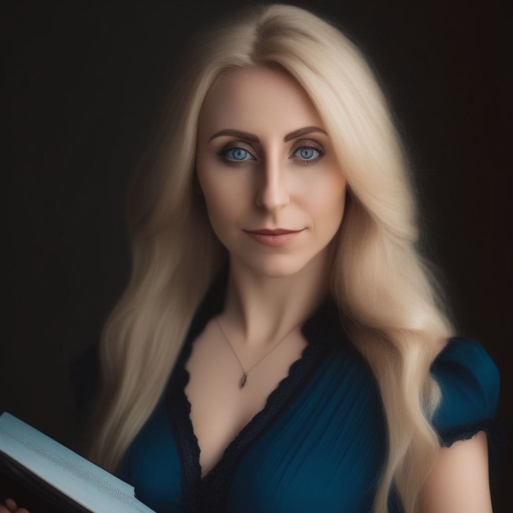a gorgeous portrait of a 35-40 year old Slavic woman with flowing blonde hair and sparkling blue eyes. She wears a form-fitting dress and holds a notebook elegantly.