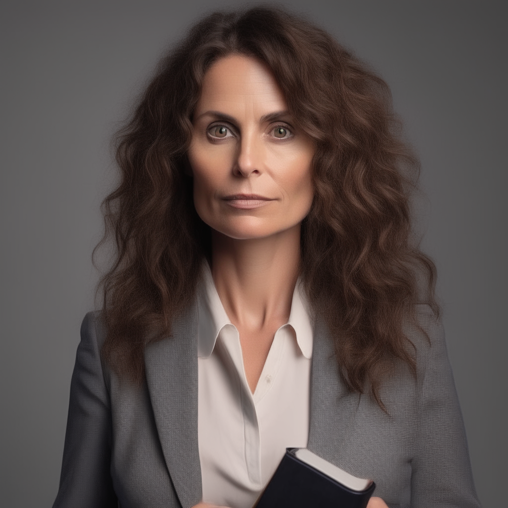 a stunning portrait of a confident 40-45 year old British woman with wavy brown hair and piercing eyes. She wears a blazer and skirt and holds a notepad professionally.
