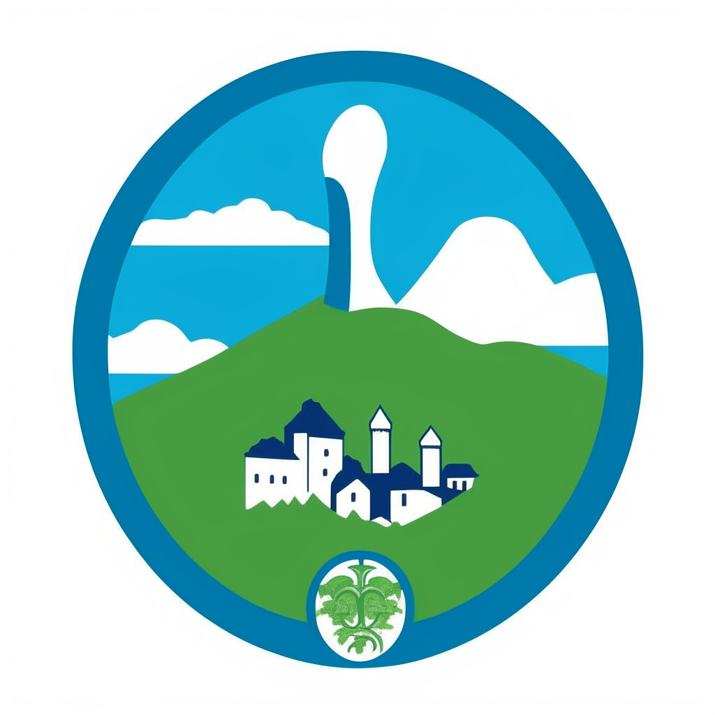 Logo for the town of Solopaca, Italy featuring a silhouette of the characteristic castle against blue skies and green rolling hills