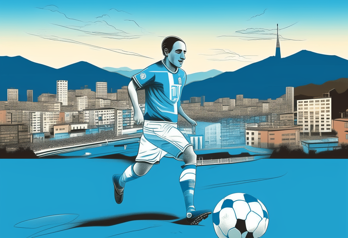 Stylized drawing of a soccer player dribbling past other players in Napoli's colors, the city skyline in the background. The player is wearing Napoli's blue and white vertical striped jersey with the number 10.