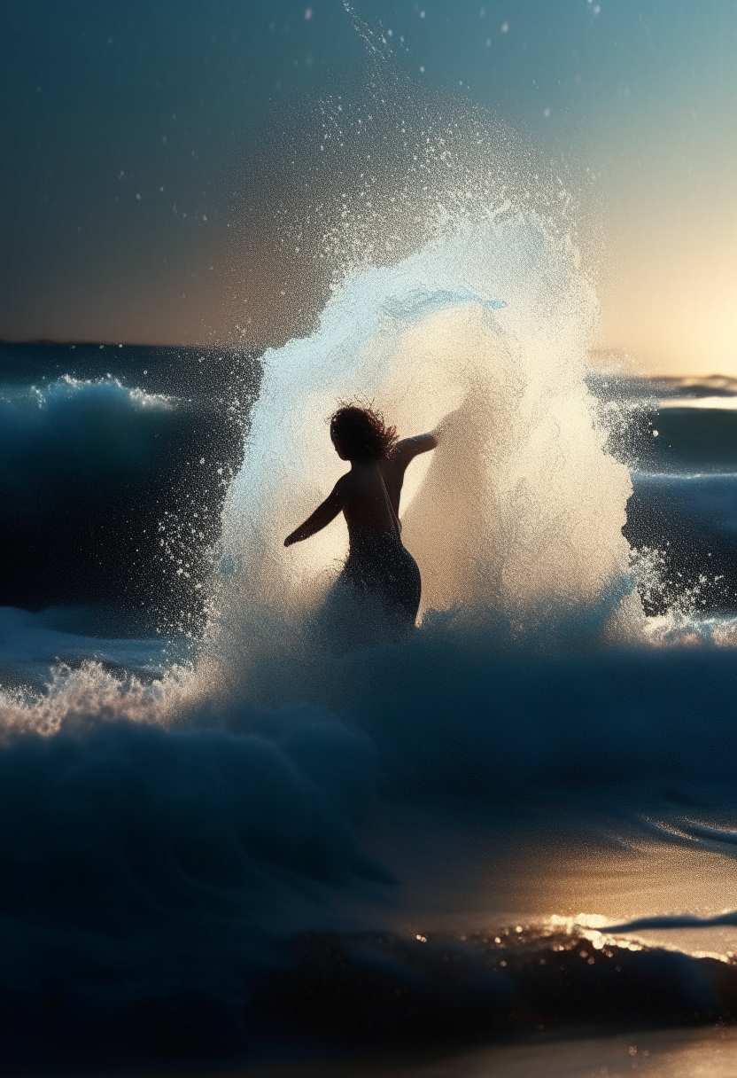 Dancing, sea wave, sparkling spray, cinematic, beautiful