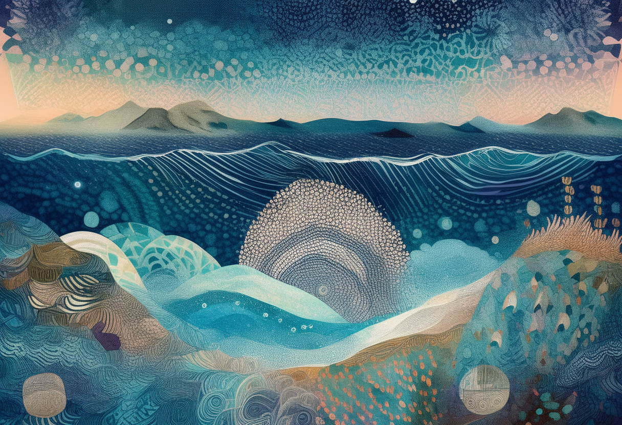 An ocean scene filled with natural sparkles and geometric patterns that give a psychedelic illusion of the earth expressing itself through nature.