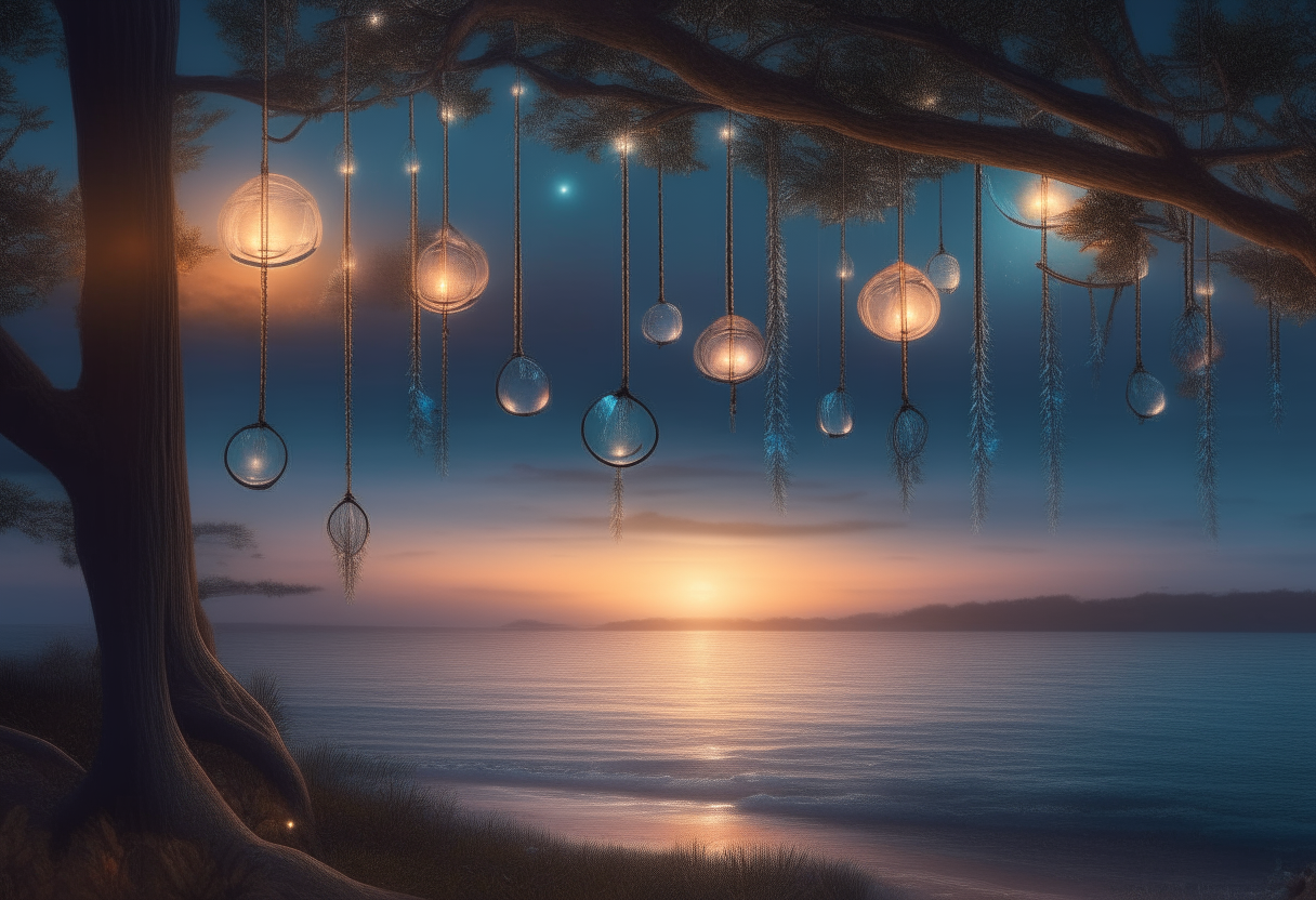 A realistic ocean scene at dusk with dreamcatchers hanging from coastal trees and sparkling lights reflected on the water