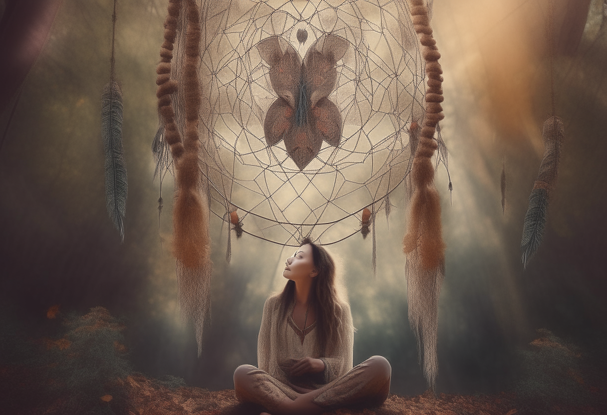 A woman meditating under a dreamcatcher hanging from trees, surrounded by geometric patterns in nature that express peace and tranquility