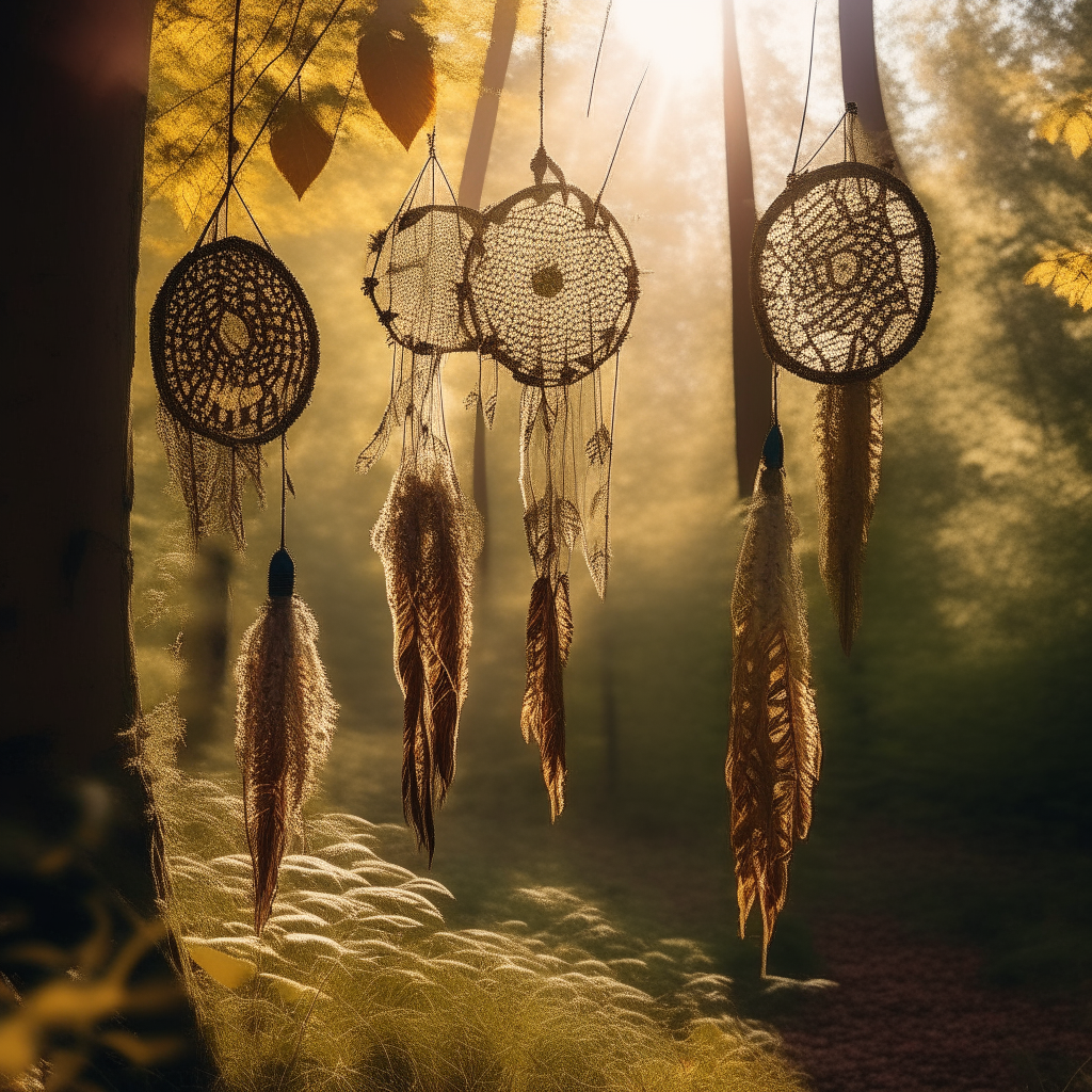 Dreamcatchers hanging in a forest clearing, with the sun shining through the geometric shapes in the trees and leaves that create a calming environment