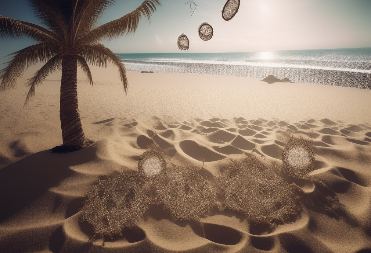 Geometric shapes and patterns in the sand on a beach, with dreamcatchers waving gently in the breeze between palm trees to induce relaxation