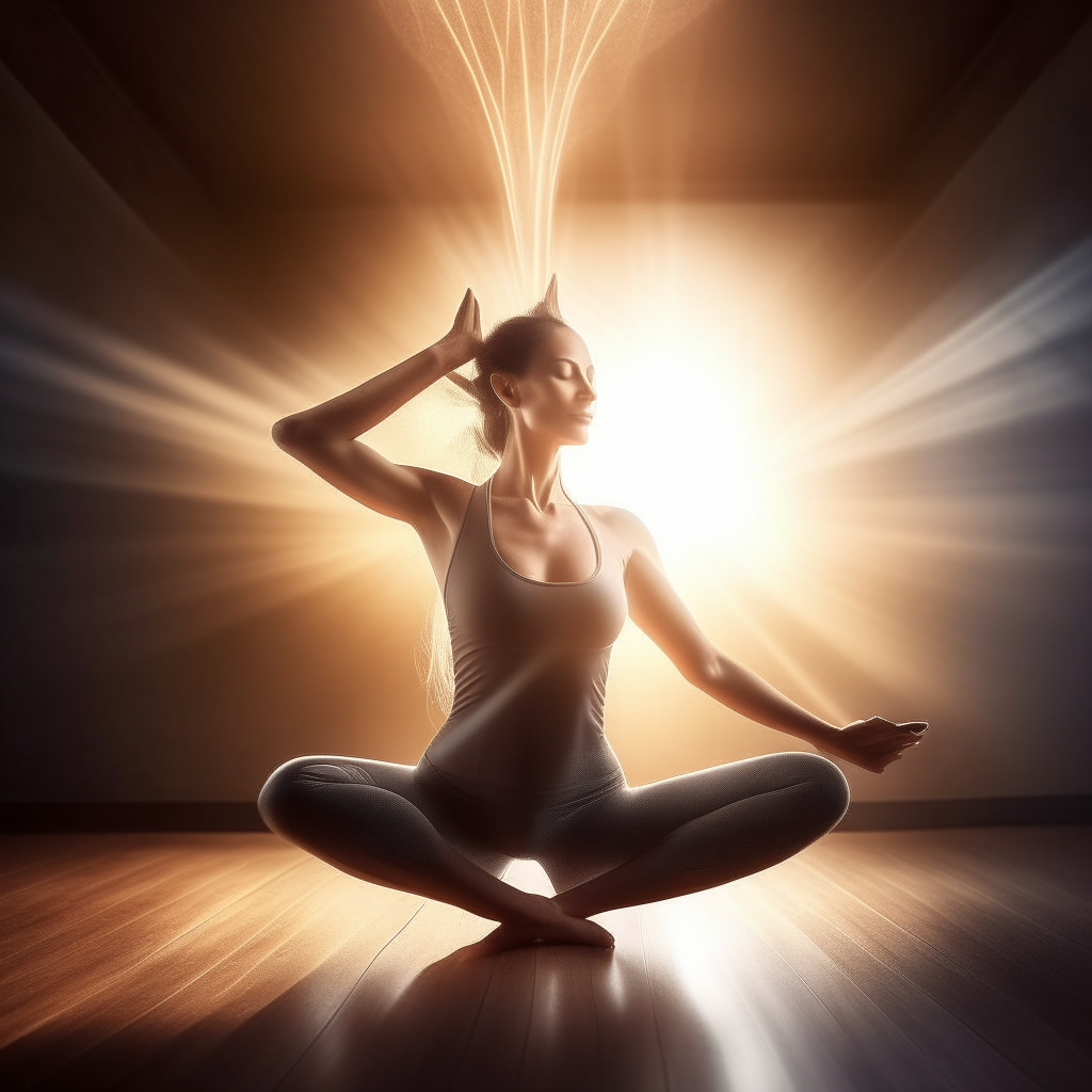 A beautiful woman in an advanced yoga pose, glowing with divine light