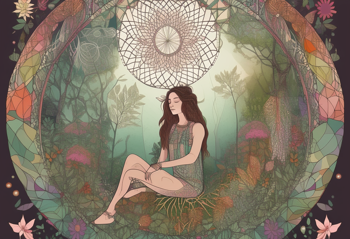 A beautiful woman sitting peacefully beneath a large dreamcatcher hanging from trees, surrounded by lush greenery and blooming wildflowers. Geometric patterns in the foliage create a calming, psychedelic environment.