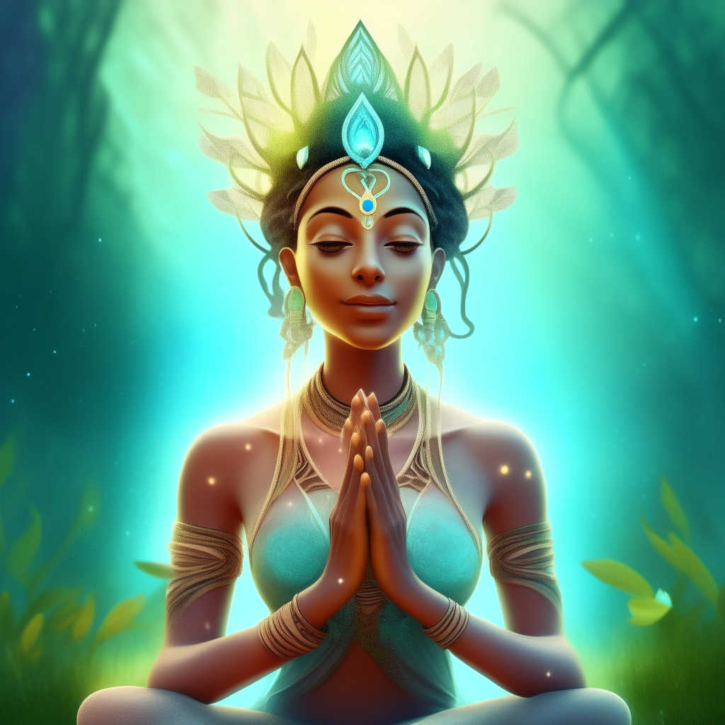 A beautiful avatar goddess in a meditative pose, with glowing skin, eyes and aura surrounded by nature