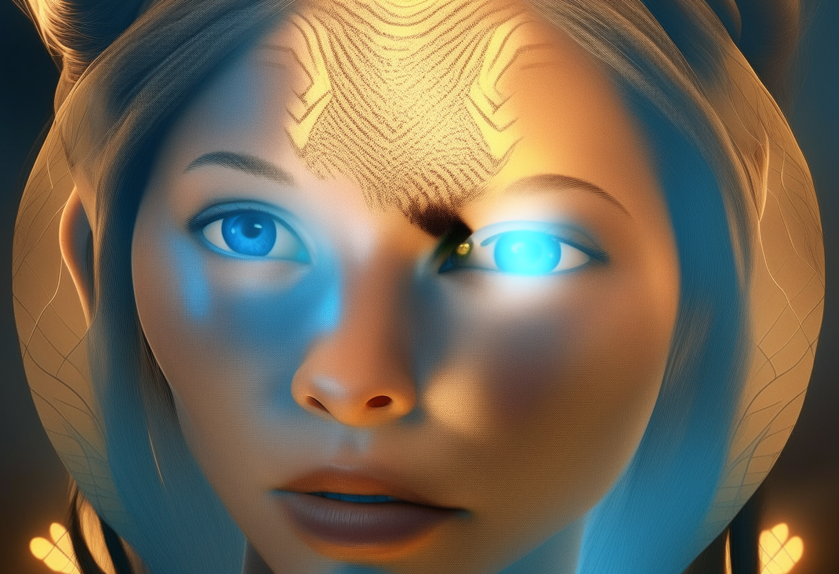Image-11 edited to give the woman more avatar features like glowing skin and eyes