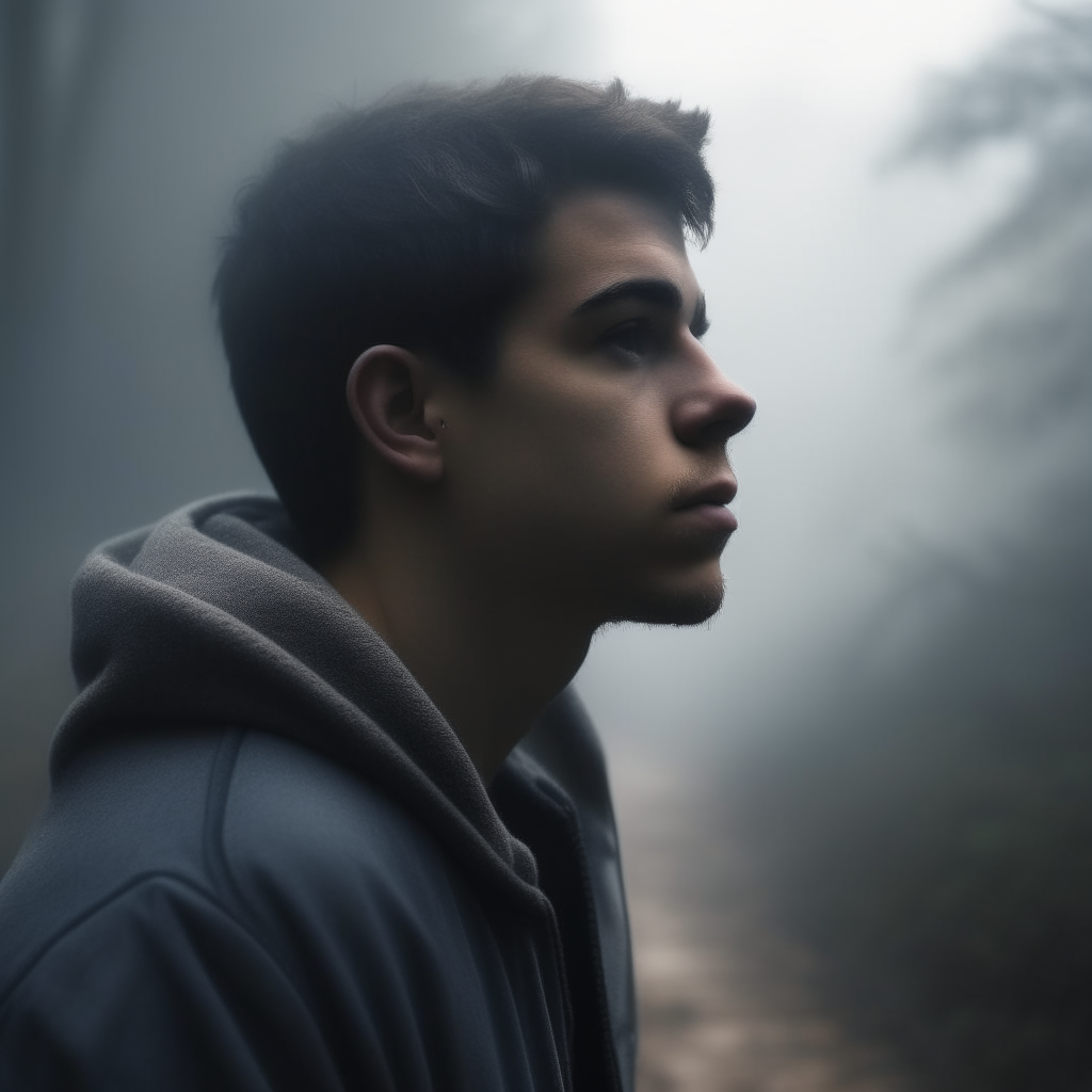 A close-up shot of a thoughtful young man gazing down an unknown path. Wisps of fog obscure the distance as a voiceover whispers 'Fear of the unknown limits us, but only by daring to challenge it do we find our true potential'