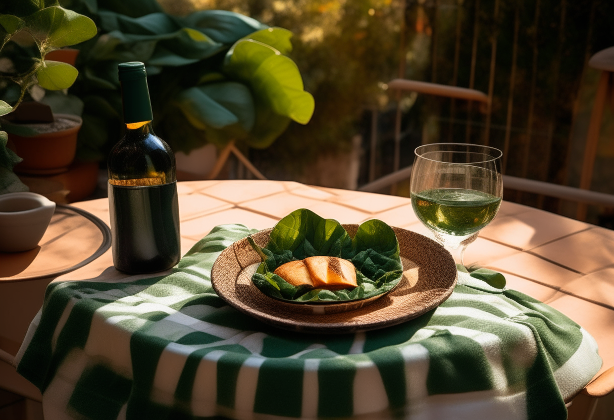 A freshly served plate of espinacs a la catalana on a checkered tablecloth on an outdoor terrace in Barcelona, Spain. The green leafy spinach is topped with pine nuts, raisins, and olive oil. The table has a bread basket and wine glasses. The scene is backlit with soft golden hour light shining between the terrace awnings. Photorealistic 8K rendering.