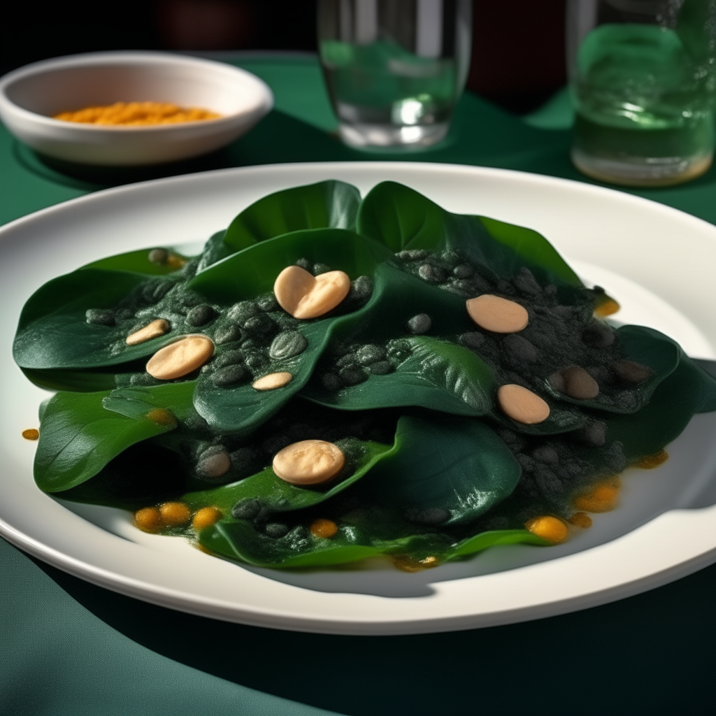 A freshly served plate of espinacs a la catalana with pine nuts, raisins, garlic, olive oil, and salt on top of the spinach leaves. Photorealistic image.