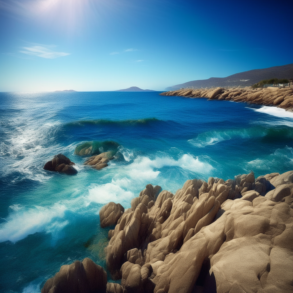 A scenic photograph of the beautiful rocky coastline of Barcelona, Spain on a sunny day. The blue Mediterranean sea sparkles with sunlight. The image is formatted 8.5x11 inches with a high resolution.