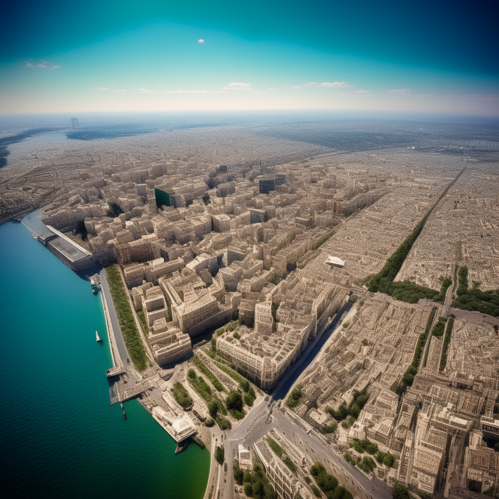 A scenic letter-sized photograph showing an overhead view of Barcelona, Spain with clear sunny skies. The image shows the city streets, buildings, parks and harbor. Detailed 8.5x11 inch image.