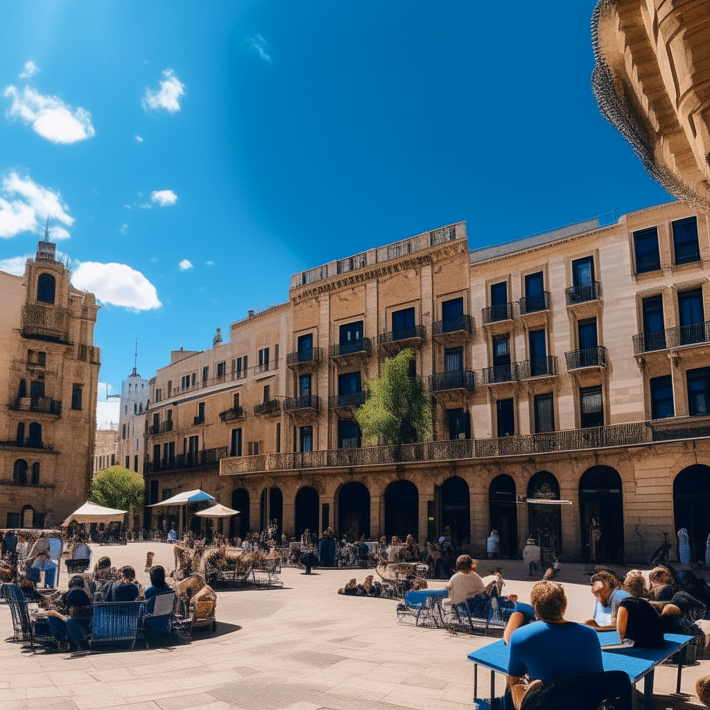 A lively plaza in Barcelona, Spain on a sunny day. People sit at outdoor cafes and walk through the cobblestone square surrounded by historic buildings with ironwork balconies. Blue sky overhead.