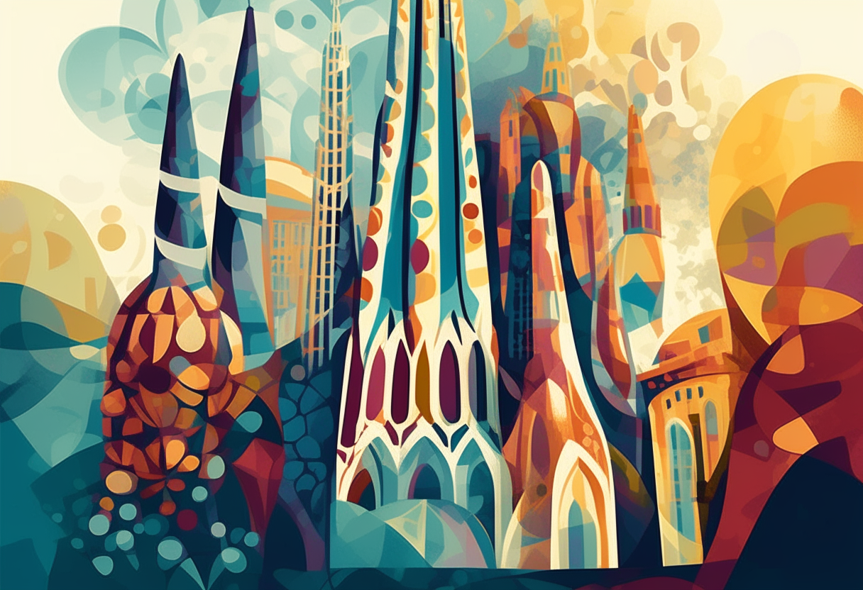 A poster artwork depicting Barcelona landmarks like La Sagrada Familia and Casa Batlló in Antoni Gaudi's signature swirling organic architectural style. Bold colors, flowing shapes, mosaic textures. Digitally painted.