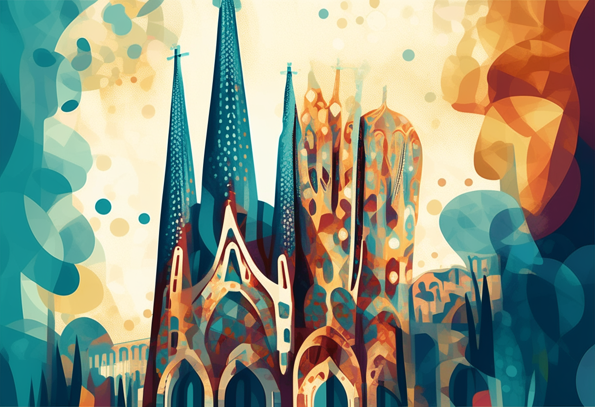 A poster artwork depicting Barcelona landmarks like La Sagrada Familia and Casa Batlló in Antoni Gaudi's signature swirling organic architectural style. Bold colors, flowing shapes, mosaic textures. Digitally painted. 3:2 aspect ratio.