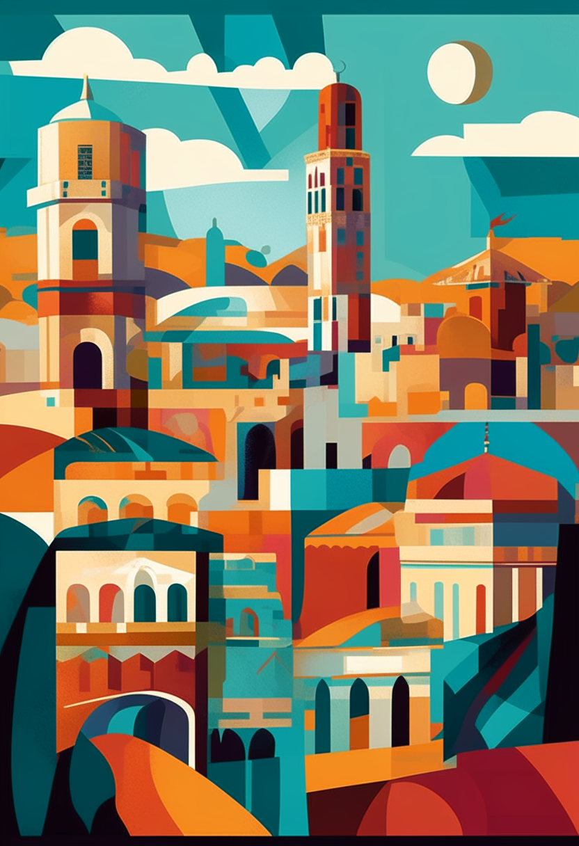 A cubist poster artwork depicting Malaga, Spain landmarks in Pablo Picasso's signature abstract geometric style with bold colors. The image shows the Alcazaba fortress, Roman theater ruins, Malagueta bullring arena, and Malaga cathedral.