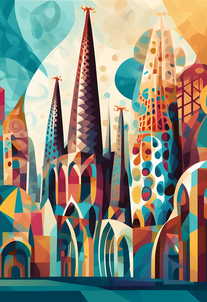 A poster artwork depicting Barcelona landmarks like La Sagrada Familia, Casa Batlló and Park Güell in Antoni Gaudi's signature swirling organic architectural style. Bold colors, flowing shapes, mosaic textures. Digitally painted in cubist geometric style. 2:3 aspect ratio.