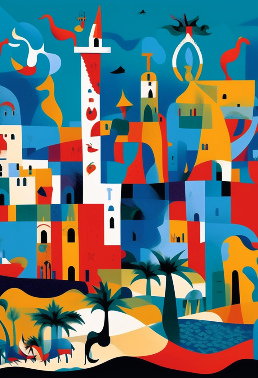 A poster artwork depicting landmarks of Palma de Mallorca like the gothic La Seu cathedral, the Royal Palace of La Almudaina, and the beach promenade in the colorful abstract style of Spanish artist Joan Miró. Bold shapes, strong colors and simplified forms digitally painted.