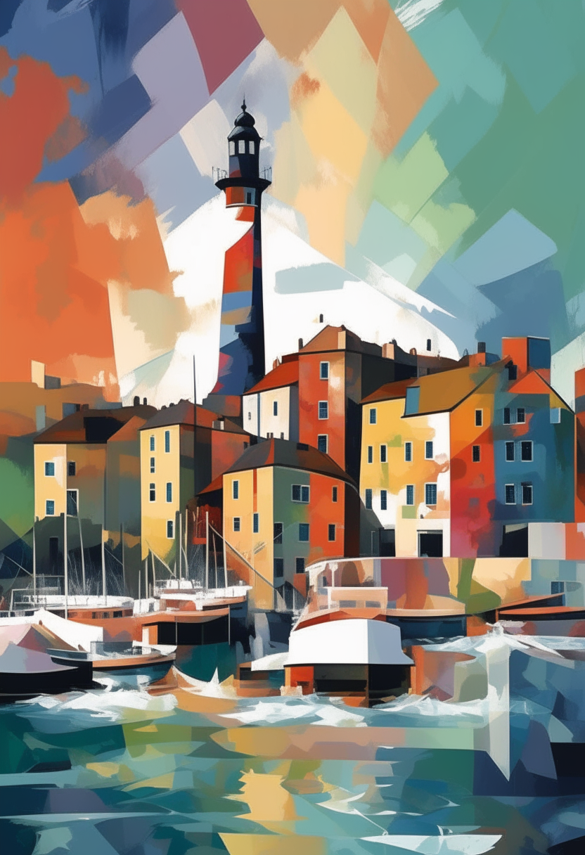 A poster artwork depicting landmarks of Genoa, Italy like the Porto Antico harbor, the Via Garibaldi, and the Lanterna lighthouse in the colorful abstract style of Italian artist Renato Guttuso. Bold brushstrokes and strong colors digitally painted.