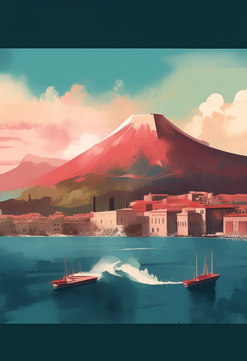 A poster artwork depicting landmarks of Naples, Italy like Mount Vesuvius, the Castel Nuovo, and the Gulf of Naples in the bold expressive style of Neapolitan artist Luca Giordano. Loose brushstrokes and vibrant colors digitally painted.