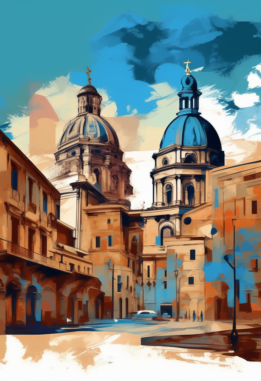 A poster artwork depicting landmarks of Palermo, Sicily like the Palermo Cathedral, Teatro Massimo, and Mondello beach in the expressive style of Sicilian artist Renato Guttuso. Loose energetic brushstrokes and strong colors digitally painted.