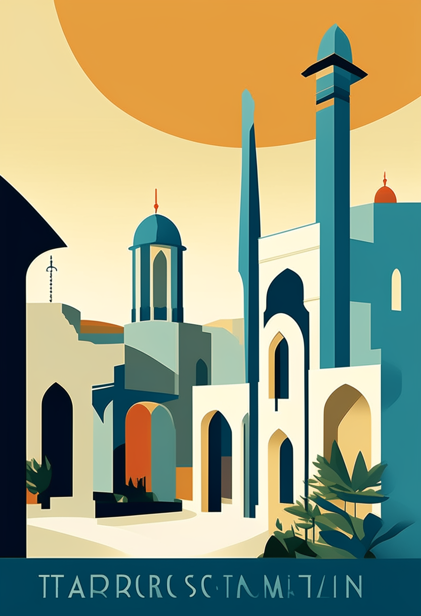 A poster artwork depicting landmarks of Nicosia, Cyprus like Famagusta Gate, Selimiye Mosque, and Kyrenia Gate in the bold minimalist style of Cypriot artist Christoforos Savva. Simple shapes and solid colors digitally painted.