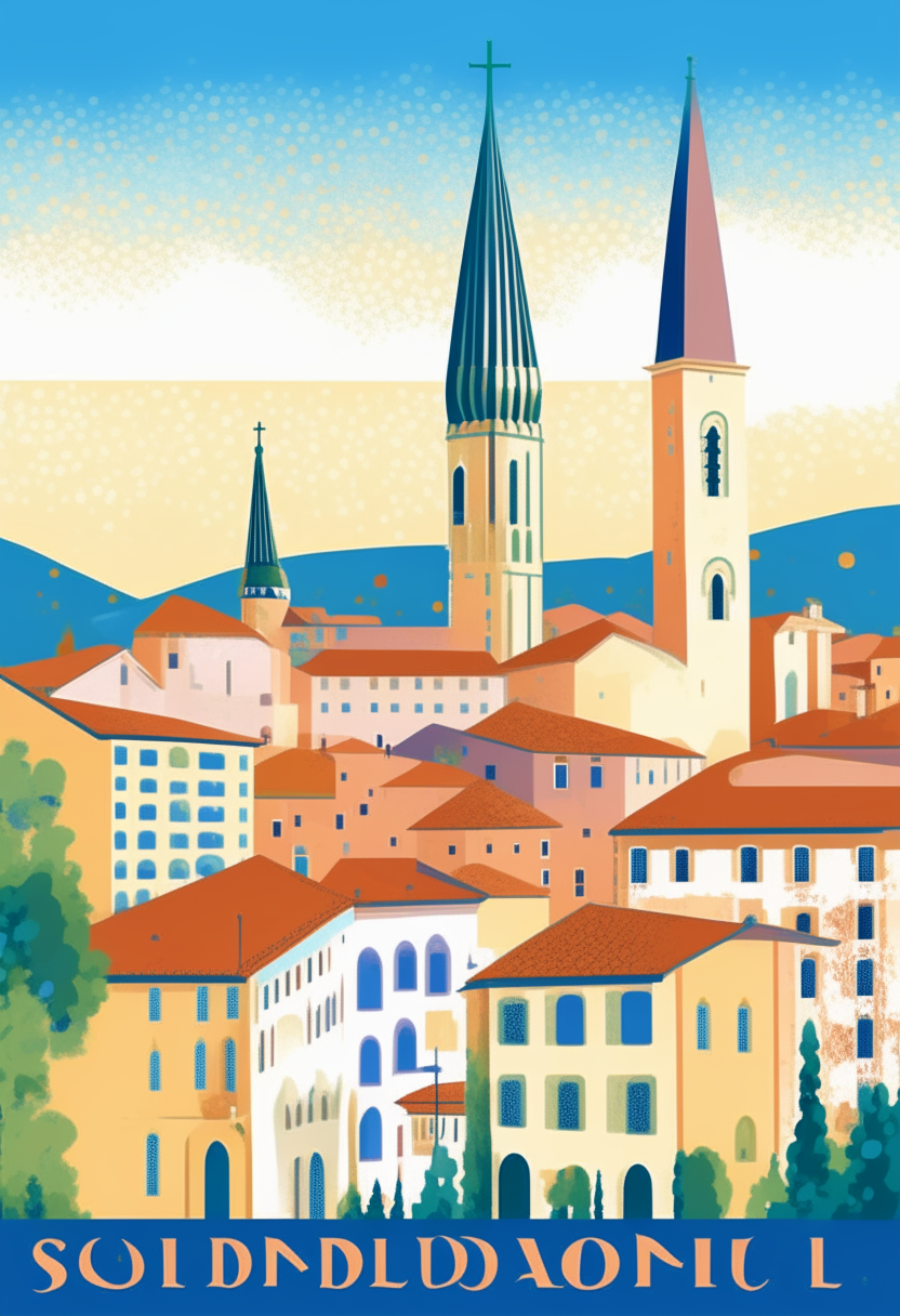 A poster artwork depicting landmarks of Perpignan, France like the Castillet, Saint-Jean Cathedral, and the Pyrenees mountains in the pointillist style of French artist Paul Signac. Small dots of pure color digitally painted.