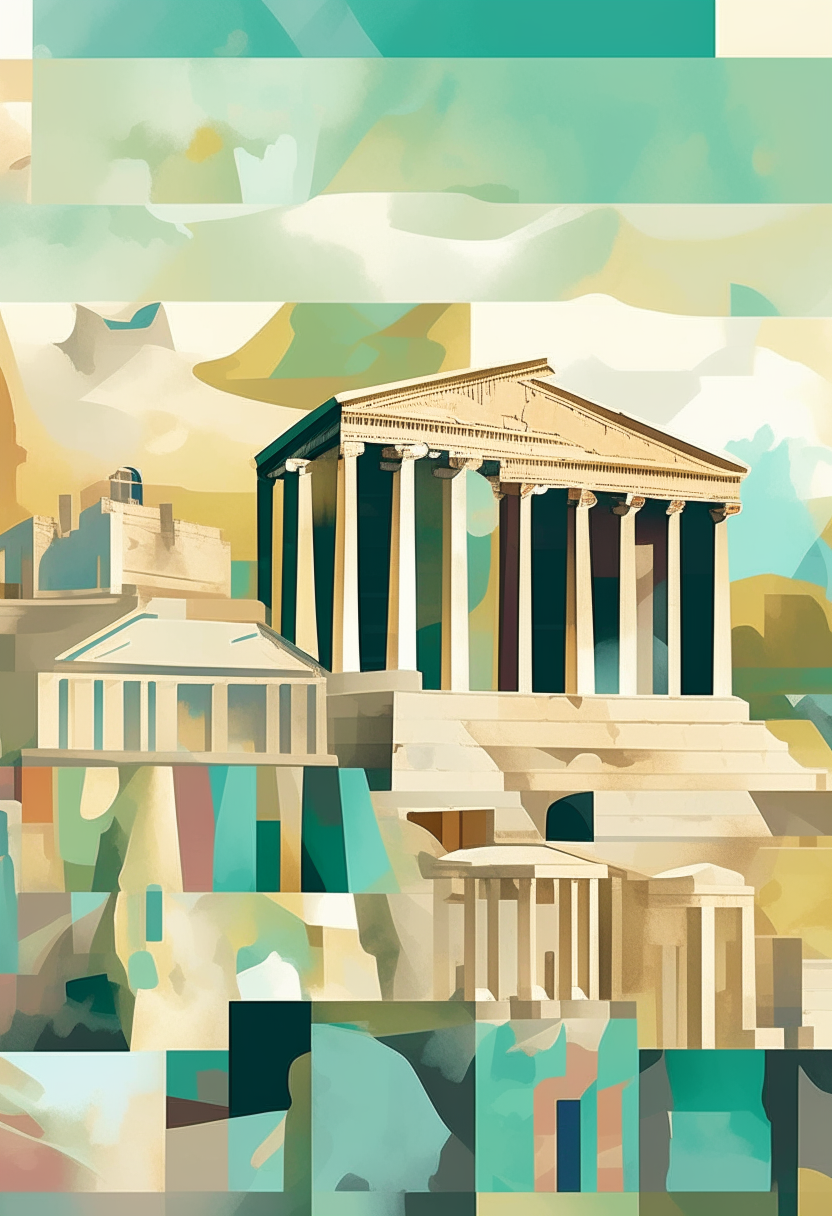 A poster artwork depicting landmarks of Athens, Greece like the Acropolis, the Parthenon, and the Temple of Zeus in the abstract cubist style of Greek artist Yannis Tsarouchis. Geometric shapes and muted colors digitally painted.