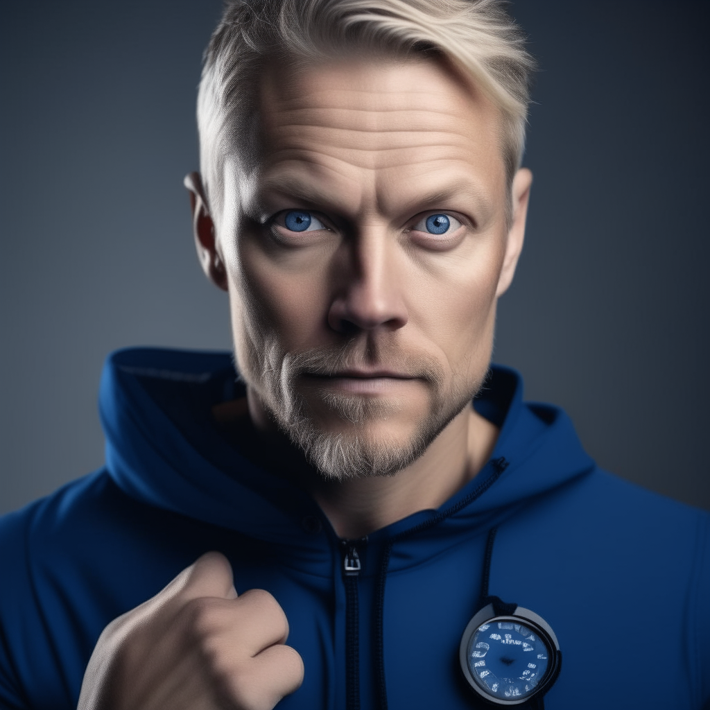 a portrait of a 35-40 year old Scandinavian man with short blond hair, blue eyes and a muscular athletic build. He wears a tracksuit and holds a stopwatch.