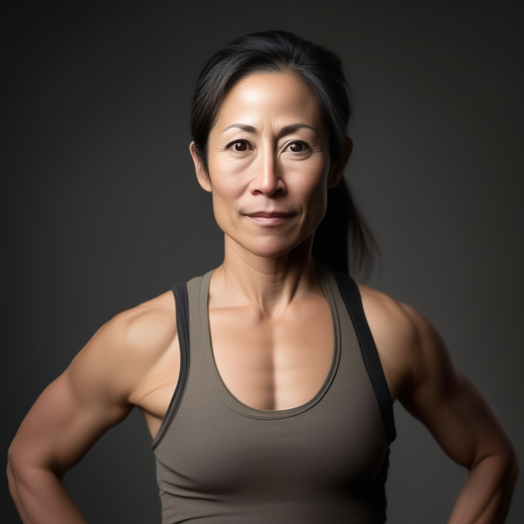 a portrait of a 45-50 year old Asian woman with black hair in a ponytail, brown eyes and a toned athletic physique. She wears workout leggings and a tank top.