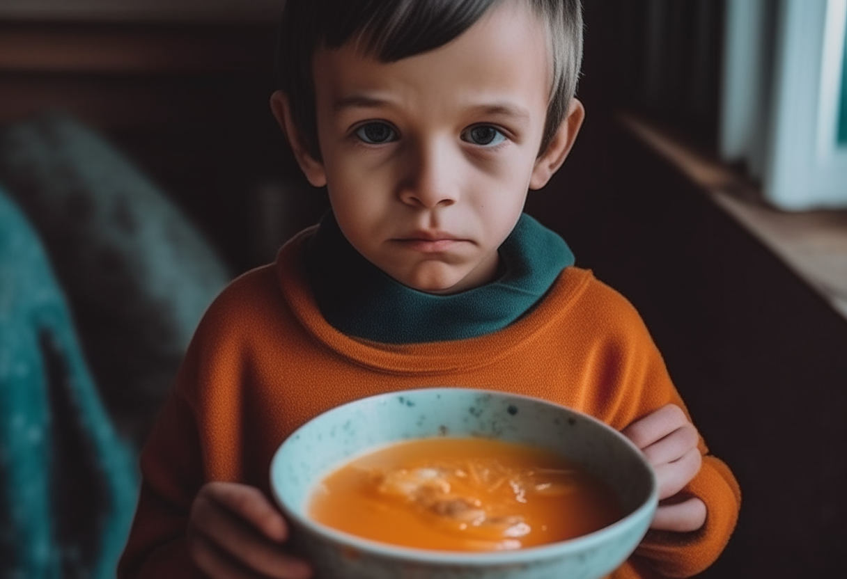 A boy with a plate of soup on his hand 