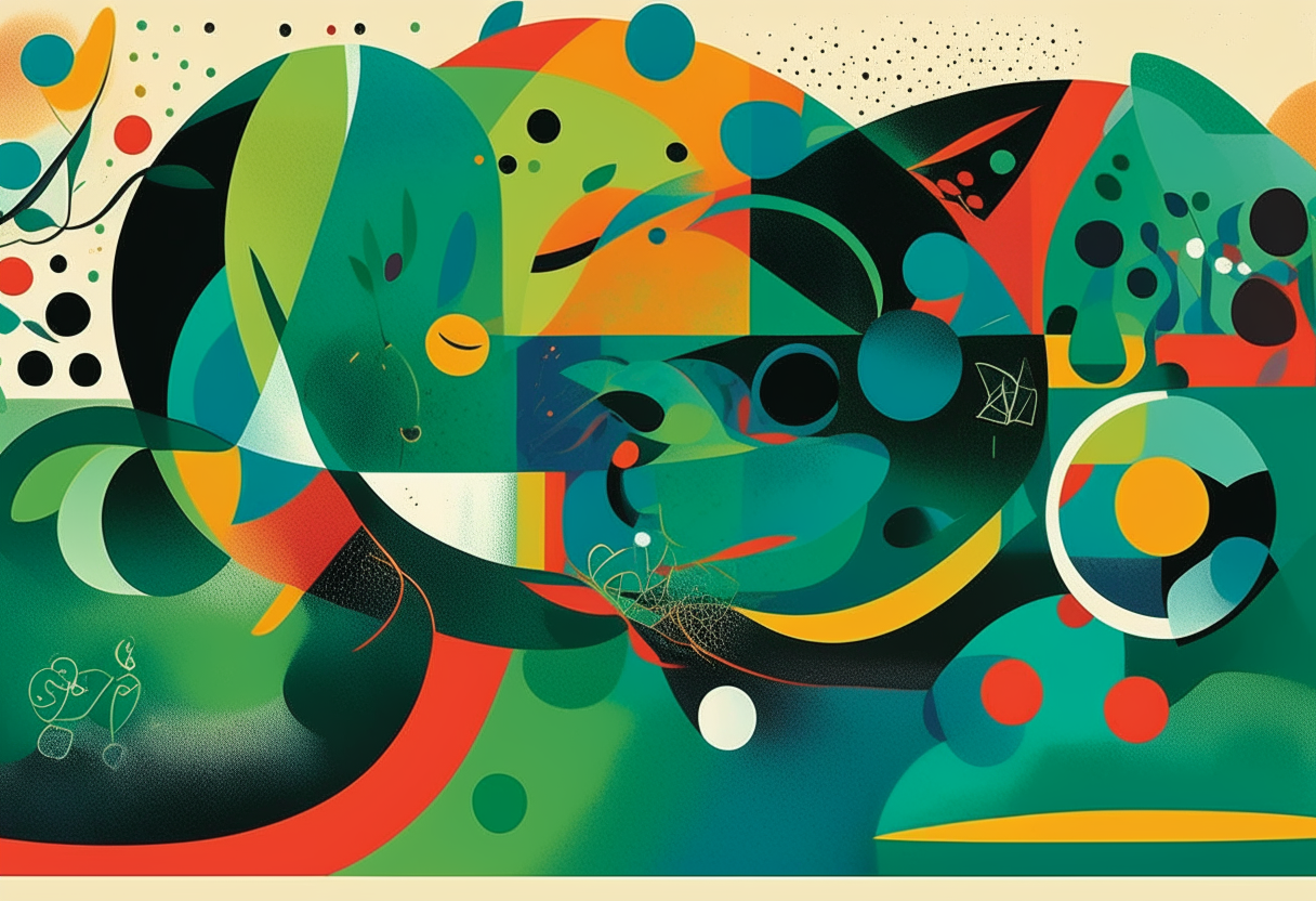 An original poster with shapes and colors reminiscent of Joan Miró's abstract style, promoting a healthy lifestyle and stress-free living. The focal point is a large green circle representing nature's rejuvenating power. Swirling lines and organic shapes in vivid colors convey energy and vitality. The overall composition has a joyful, uplifting mood.