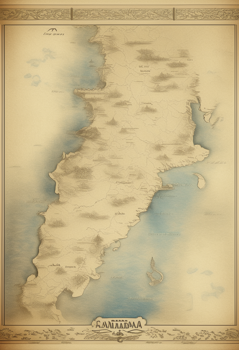 An antique vertical map poster depicting the Mediterranean region. The map is drawn in an old ornate style on parchment. It shows the countries surrounding the Mediterranean Sea in great detail with calligraphy for place names. The map has a weathered and aged look.