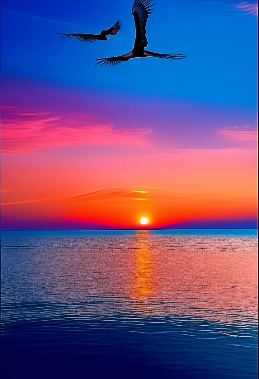 A brilliant vertical poster showing the deep blue Mediterranean Sea meeting a vibrant orange and pink sky at sunset. The sea is calm and reflects the colors of the sky in shimmering water. A seagull flies across leaving a trailing reflection.