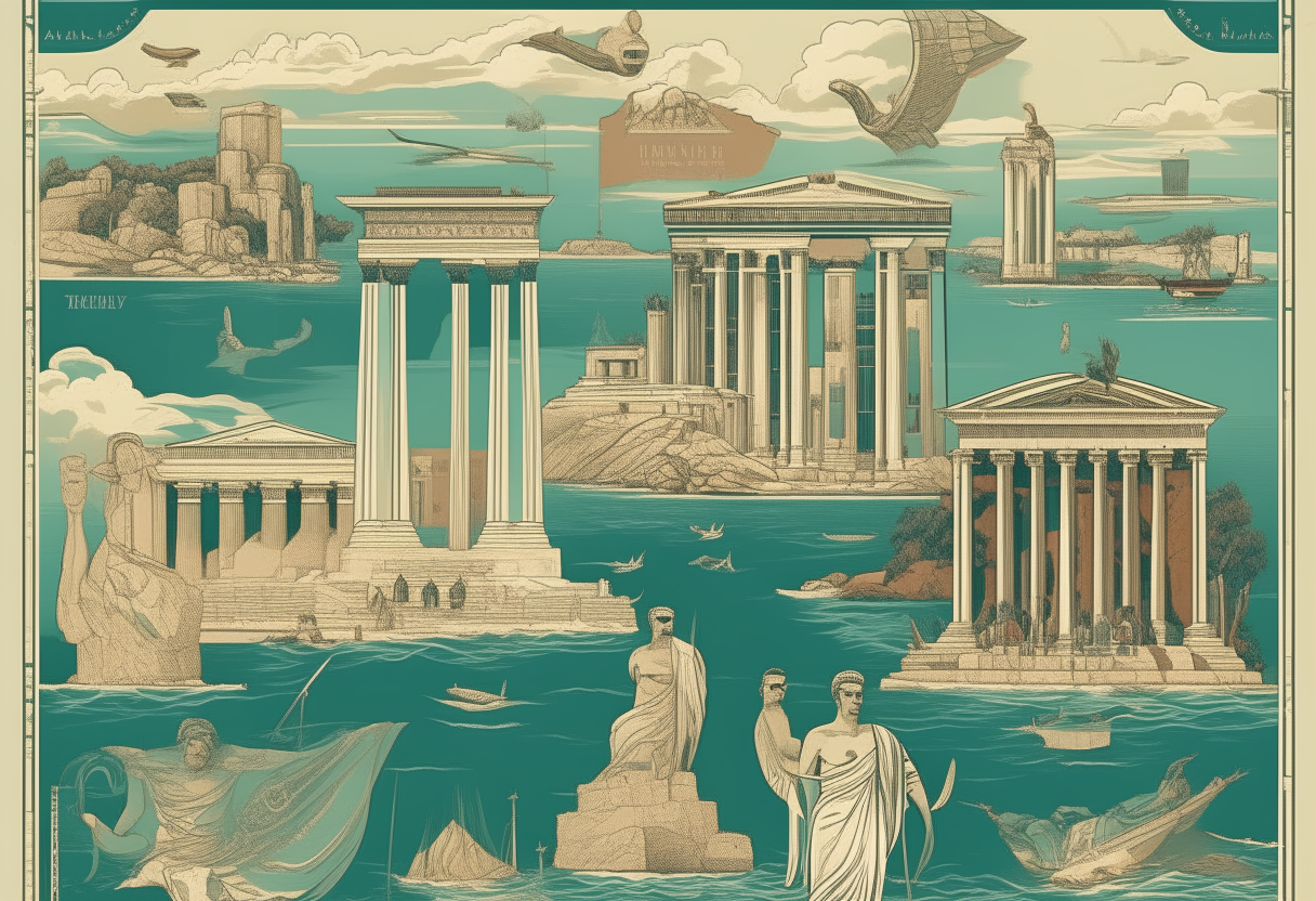 A poster in the style of classic Greek art depicting several Mediterranean cities. Athens, Rome and Alexandria are drawn in an ancient artistic style with columns, statues and mythological figures. The cities are connected by sailing ships on the Mediterranean sea.