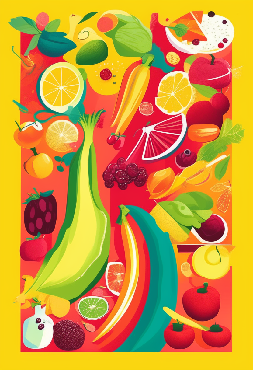 A vertical poster with a bright, colorful design promoting healthy eating. Fruits, vegetables and nuts in vivid reds, greens and yellows are arranged in an abstract, eye-catching composition.