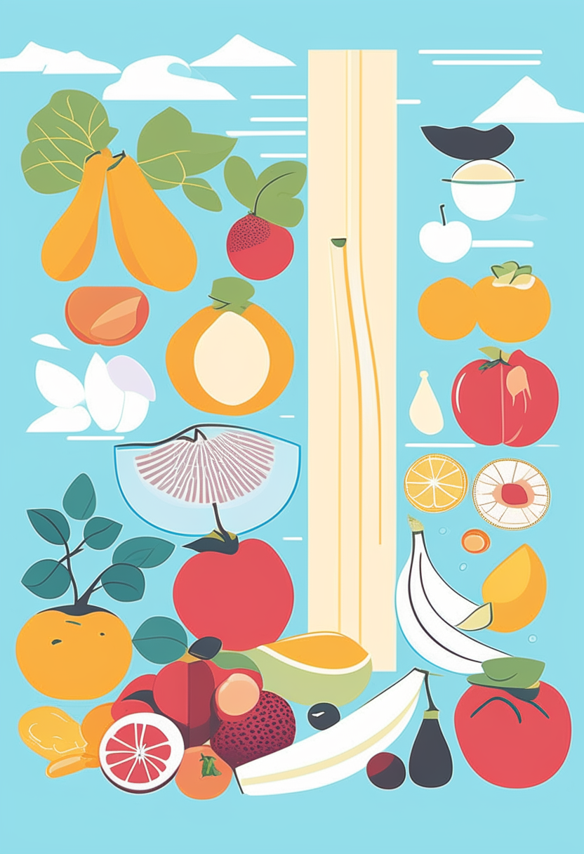 A vertical poster promoting healthy foods like fruits, vegetables, nuts and grains. The background is sky blue. Drawn in a minimalist, geometric style with bold outlines.