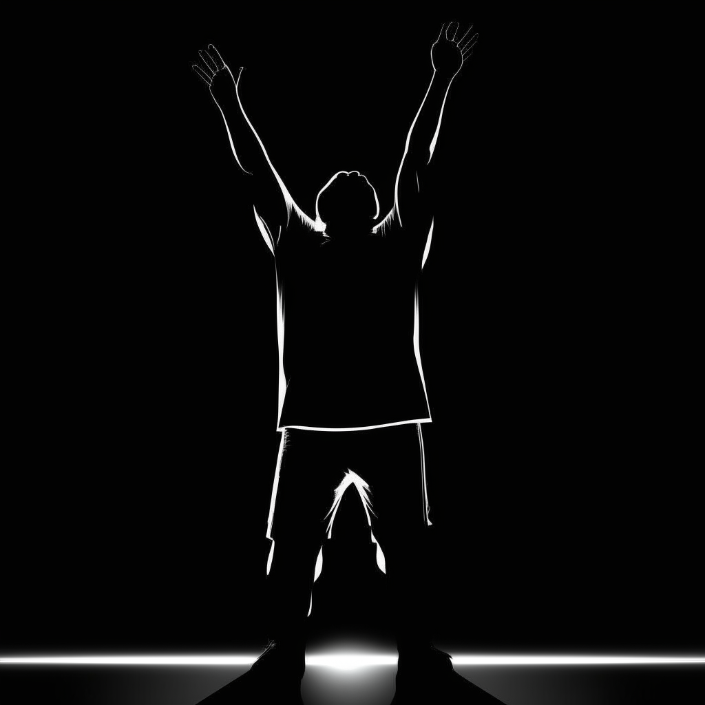 Silhouette of a soccer player kneeling with arms raised in celebration, stylized minimalist black and white illustration