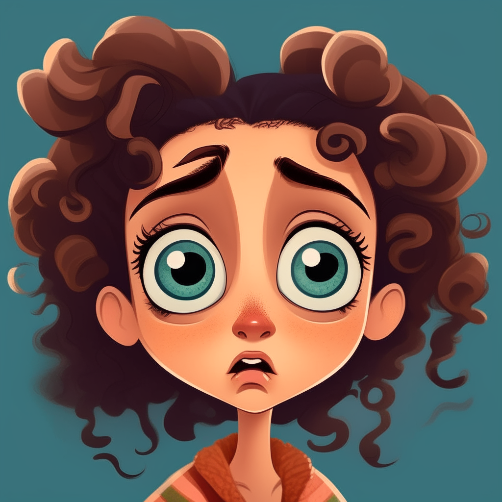 A surprised cartoon girl with big eyes and curly hair in a Disney art style