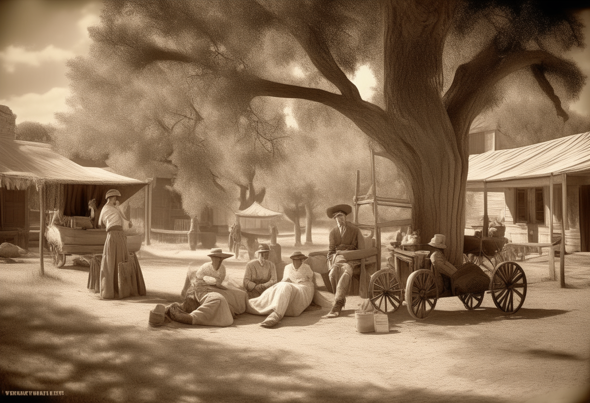 A group of friends relaxing on a sunny afternoon in the old west. The scene shows a picnic under a large tree with checkered blankets and wicker baskets. In the background are weathered wooden buildings with faded signs and wagons on a dusty red road. The overall scene has a high contrast, sepia-like tone that evokes old western photos. A group of friends relaxing on a sunny afternoon in the old west, high contrast, sepia tones, weathered wood, checkered blankets, wicker baskets, faded signs, dusty road, wagons, large tree, picnic