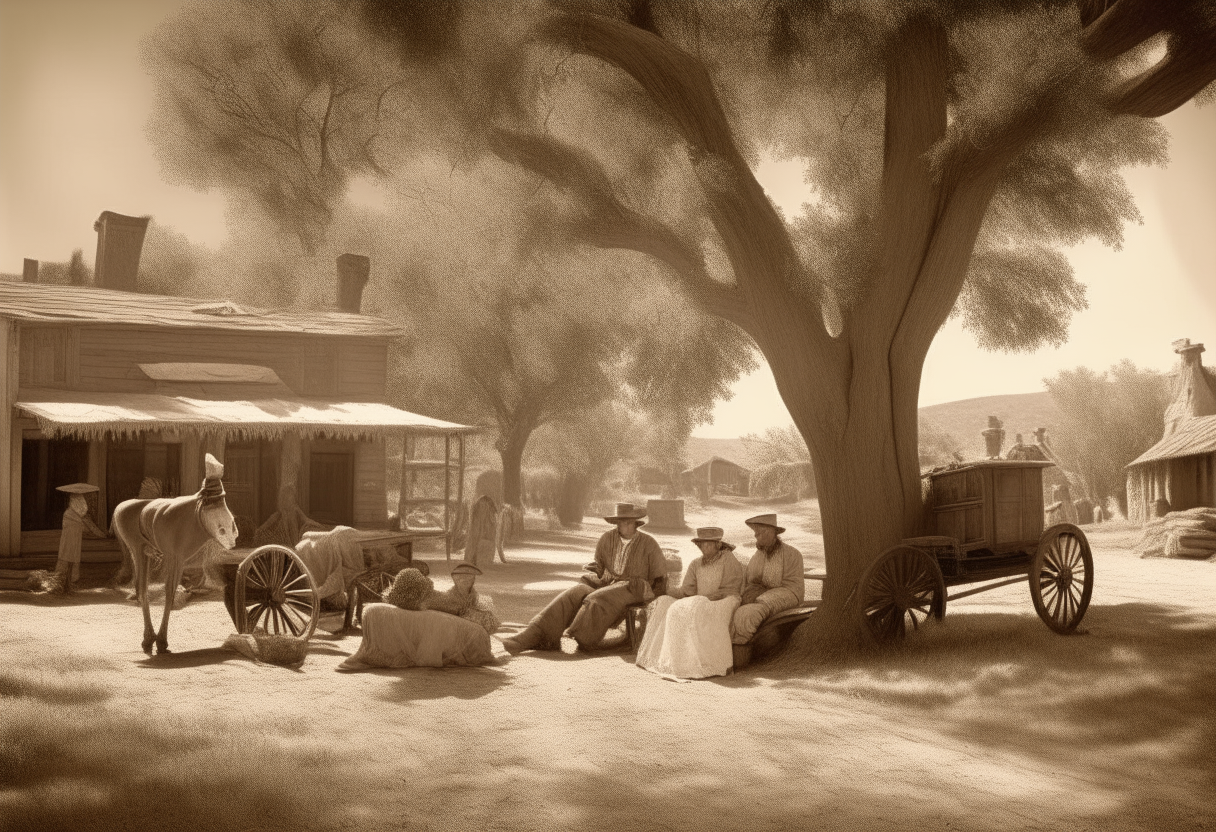 A group of friends relaxing on a sunny afternoon in the old west. The scene shows a picnic under a large tree with checkered blankets and wicker baskets. In the background are weathered wooden buildings with faded signs and wagons on a dusty red road. The overall scene has a high contrast, sepia-like tone that evokes old western photos.