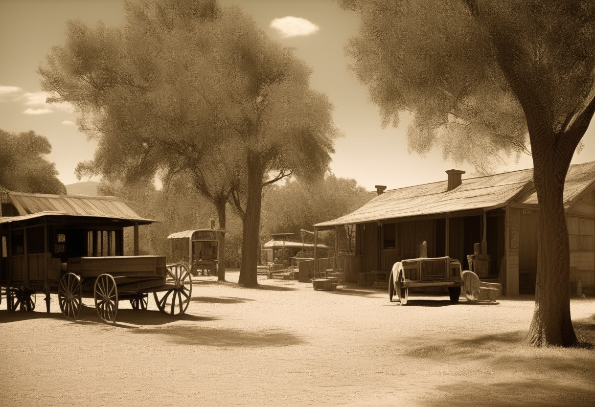 A sunny afternoon in the old west. Weathered wooden buildings stand in the background with faded signs and wagons on a dusty red road. In the foreground is a large tree providing shade on a checkered blanket. The overall scene has a high contrast, sepia-like tone.