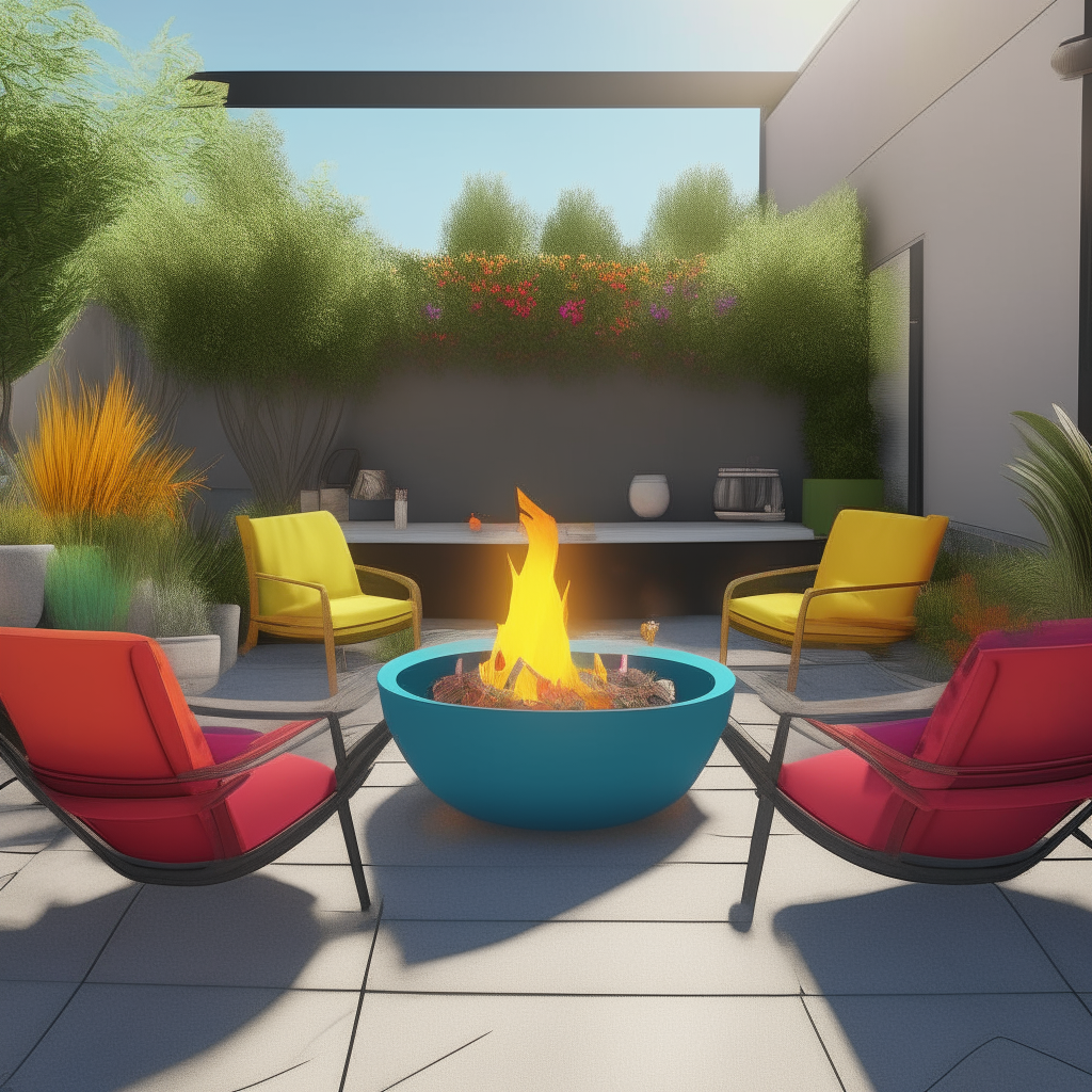 A recently renovated outdoor patio on a sunny afternoon. The concrete patio has colorful outdoor furniture and string lights overhead. Large potted plants and a modern fire pit add greenery and ambiance. The scene is bright and colorful with a 3D, realistic style.