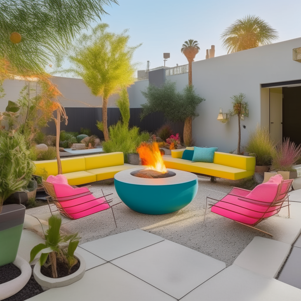 An open-air patio on a sunny afternoon. The large concrete area has colorful outdoor furniture and string lights overhead. Large potted plants, a modern fire pit and built-in seating add greenery and spaces for relaxing. The scene has a spacious, airy feel with a bright colorful style.