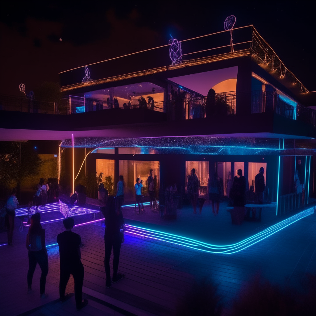 An open-air patio at night transformed into a dance floor. Colored lights flash overhead on the building as a DJ plays electronic music. Partygoers dance under the lights, their silhouettes visible against the dark night sky. The scene has an edgy, futuristic vibe.