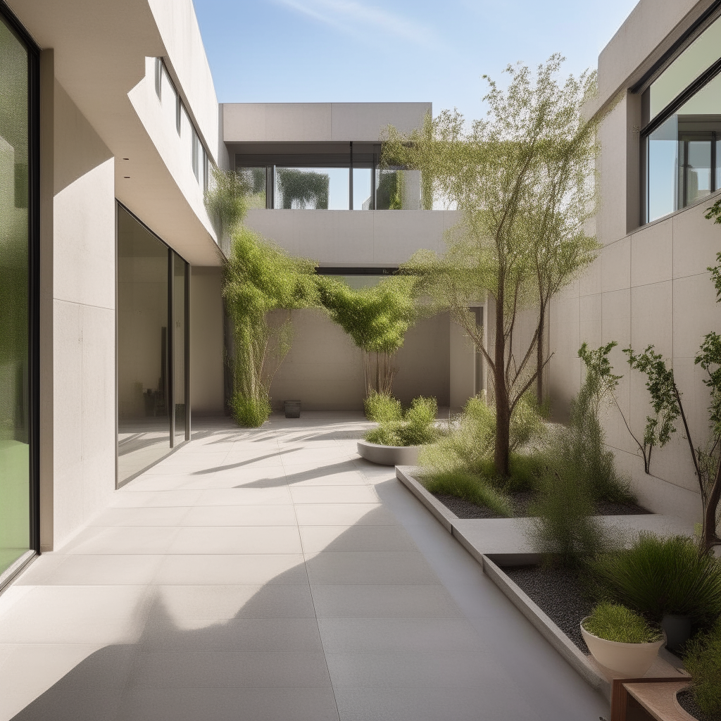 A large open-air patio on a sunny afternoon. Planters and landscaping dot the open concrete space, which has views of the surrounding area through tall windows and an open doorway.