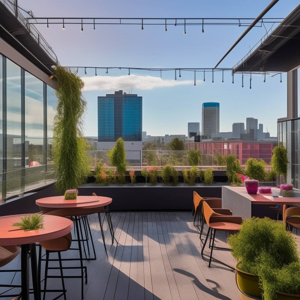 A modern outdoor club space on a sunny afternoon. Colored lights are strung above a large open patio area. Tall windows look out onto a lively cityscape in the background. Planters and landscaping dot the open concrete space, giving it a sleek, stylish vibe.